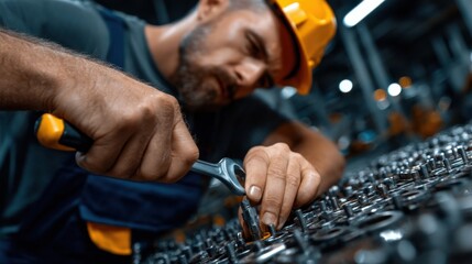 Poster - A man in a yellow hard hat is working on a machine