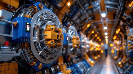 Poster - A large, yellow and blue machine with a blue circle in the middle
