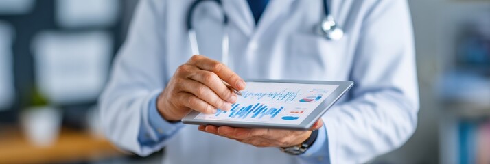 Fototapete - Doctor Presents Test Results on Tablet During Consultation in Modern Medical Office Setting