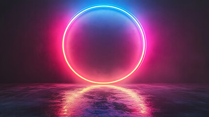Poster - Abstract neon circle glowing reflection in a dark room with blue and pink gradient futuristic scifi cyberpunk backdrop great for wallpapers backgrounds or digital art