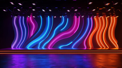 Poster - Abstract neon illuminated background with stage floor and wavy elements design