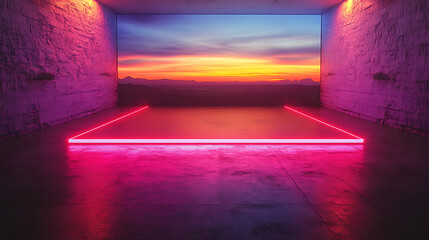 Poster - Abstract neon light installation with sunset view through opening and rough textured walls generative ai futuristic digital art backdrop interior architecture modern art and design
