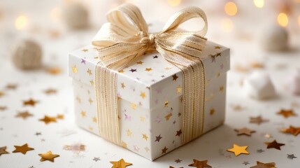 Aufkleber - Gift Box With Elegant Ribbon and Golden Stars Decoratively Arranged on a Table During a Festive Celebration