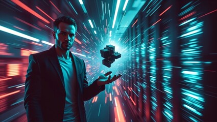 Aufkleber - a man in a futuristic setting holding a cube in the air