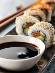 Poster - Close-up View of Sushi Rolls Served With Soy Sauce on a Dark Plate Against a Gradient Background