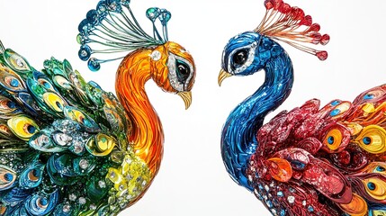 Naklejka na meble Close Up of Colorful Peacocks on White Background: Dazzling and Vibrant Display of Feathers. A Close Look at Nature's Beauty.