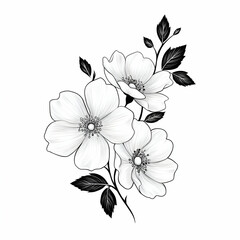 Poster - Delicate illustration of blooming white flowers with elegant leaves, perfect for nature-themed designs and decorative projects.