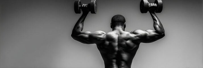 Poster - Strong Individual Lifts Dumbbells Overhead in a Focused Workout Session in a Minimalistic Gym Space During a Routine Strength Training Exercise