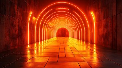 Poster - Abstract orange neon arches illuminated tunnel perspective digital art technology architecture light effects concrete walls and floor