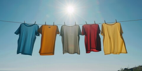 five colorful t-shirts hanging on a clothesline against a clear blue sky