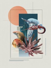 Fototapete - Digital Collage Showcasing Diverse Sea Creatures With a Modern Layout and a Prominent White Center Filled With Vibrant Colors and Textures