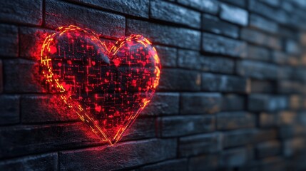 Poster - Heart love symbol, health, cardio sign on brick wall, cyber tech romance valentine day and ai concept concept. Abstract 3d rendering illustration.