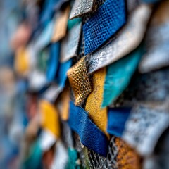 Poster - Abstract Close-Up of Textured Fabrics in Blue, Gold, Teal, and White - A Tapestry of Color and Form