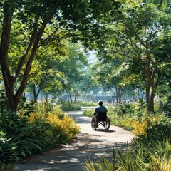 Aufkleber - A solitary wheelchair journey through a sun-dappled, verdant park, where nature and accessibility gently intertwine.