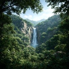 Aufkleber - Majestic Waterfall Cascading Through Lush Green Jungle, Creating a Serene and Beautiful Natural Paradise