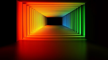 Poster - Abstract rainbow colored tunnel perspective glowing light columns on dark background architectural interior design