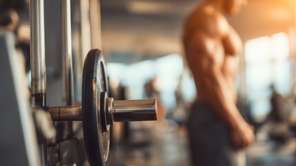 Poster - Muscular Figure Working out in Gym With Blurred Background and Clear Focus on Gym Equipment During Late Afternoon Session