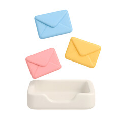 Poster - Colorful 3D envelope icons floating above a white tray on a transparent background for business and technology design