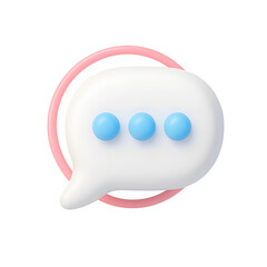 Poster - Modern 3D chat icon featuring speech bubble design with blue dots and pink circular background in a transparent format suitable for business technology use