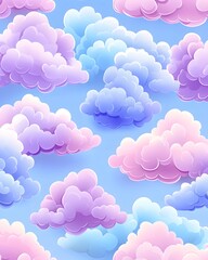 Wall Mural - A seamless pattern featuring fluffy pink and blue clouds against a light blue sky