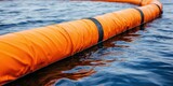 An orange containment boom floats on water, designed to prevent pollution and control spills in aquatic environments.
