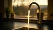 © aishale - Sunlight streams onto water flowing from a kitchen faucet.