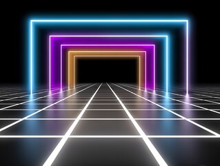 Fototapete - Abstract Neon Gateway Glowing Colorful Frames on Dark Grid Background