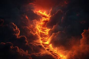 Poster - blazing stairway ascending through fiery clouds at twilight with vibrant orange hues and mystical at