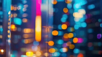 Poster - Abstract city lights at night creating a bokeh effect with blurred building reflections visible clearly now