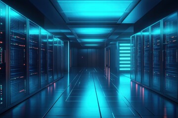 Poster - Futuristic server room with glowing technology in a sleek, modern environment, A futuristic server room with rows of glowing servers and a polished floor