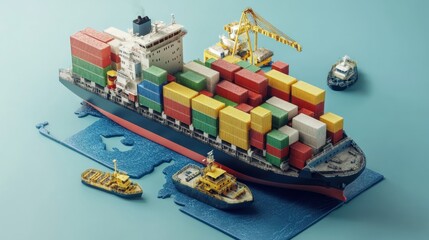 Poster - Cargo ship and tugboats on a map