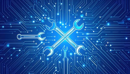 Digital Repair Service Crossed Wrenches on Circuit Board Background Tech Support Concept Image
