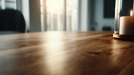 Leinwandbilder - A close-up perspective captures the rich grains and subtle knots of a polished oak table, softly illuminated by warm light in a serene setting