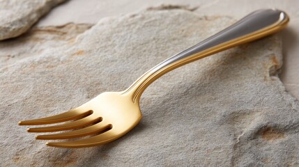 Poster - Polished brass fork with a matte silver handle lies on a smooth gray stone surface, reflecting subtle light in a minimalist setting that emphasizes its craftsmanship