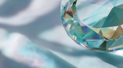 Poster - Faceted glass prism rests on a smooth white surface, casting soft blue and green hues with delicate light refractions creating an enchanting atmosphere