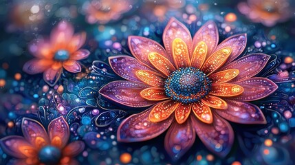 Poster - Vibrant floral design featuring intricate, colorful blossoms on a dark background.