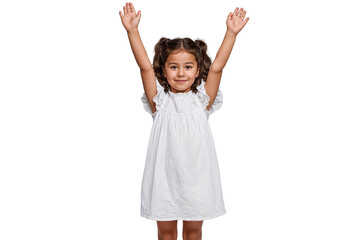 Poster - Happy little girl celebrating with arms raised up, jumping and smiling, isolated on transparent background