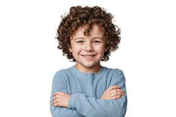 Poster - Portrait of a happy, smiling young boy with curly hair and crossed arms, isolated on white or transparent background