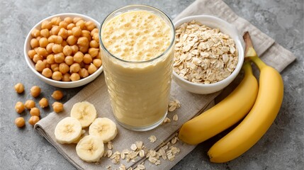 Aufkleber - A creamy oat smoothie stands tall on a linen napkin, surrounded by dry chickpeas, fresh banana slices, and scattered oat flakes for a nutritious snack