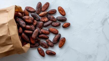 Aufkleber - Cocoa beans are spilling out of a brown paper bag, creating a rustic display on a sleek white countertop with plenty of empty space to the right