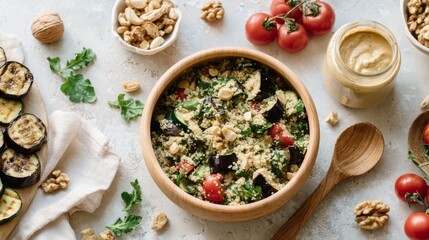 Poster - Vibrant bowl of quinoa salad featuring grilled veggies and tahini, beautifully displayed on a rustic table, inviting healthy eating with natural flavors
