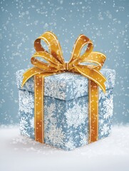 Poster - New Year Gift Wrapped in Blue Paper With Snowflakes and a Golden Bow Against a Winter Background