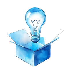 Poster - Watercolor Illustration of a Light Bulb Emerging from an Open Box Concept