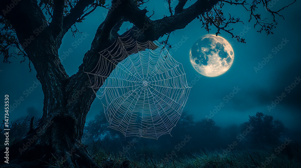 Spider web on an old tree at night with a full moon and dark sky ...
