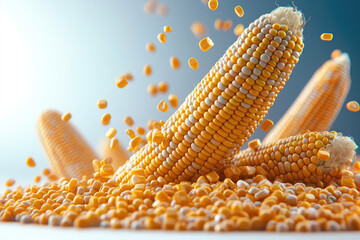 Poster - Sweet corn cob with vibrant yellow kernels and loose corn falling, isolated on white background
