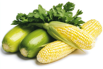 Poster - Fresh sweet corn and green zucchini with cilantro white background, healthy and vibrant
