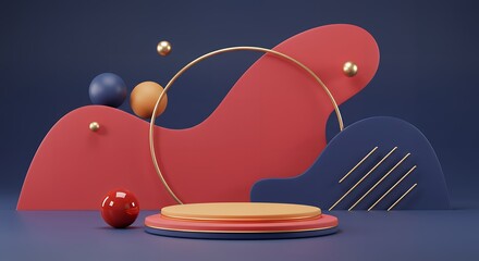 Poster - Abstract 3D render of a modern geometric composition with a stage podium, spheres, and shapes in a minimalist design with a dark blue background