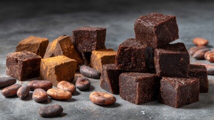 Poster - Thick dark chocolate blocks are arranged in a close-up view with cocoa beans scattered around, emphasizing a rustic surface and rich textures