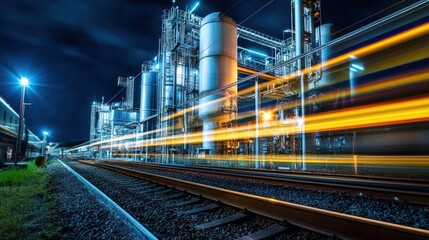 Leinwandbilder - Industrial complex at night with moving train