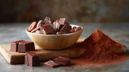 Aufkleber - A rustic bowl filled with cocoa beans sits on a wooden table, accompanied by crumbled dark chocolate and a dusting of cocoa powder, inviting indulgence
